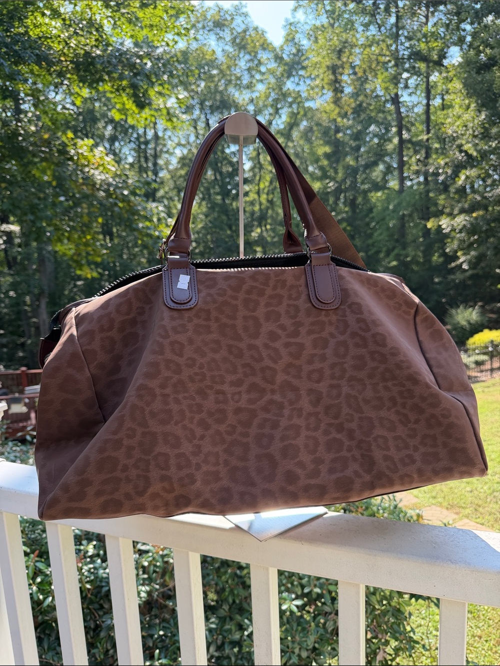 PRIVATA Leopard-Print Brown Travel Duffel Bag with Adjustable Strap